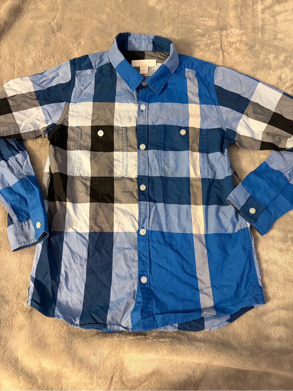 Kids Blue Burberry Plaid Button-Down Shirt